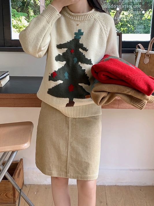 VERILADY |クリスマスラウンドネッククリスマスツリー柄ニットセーター