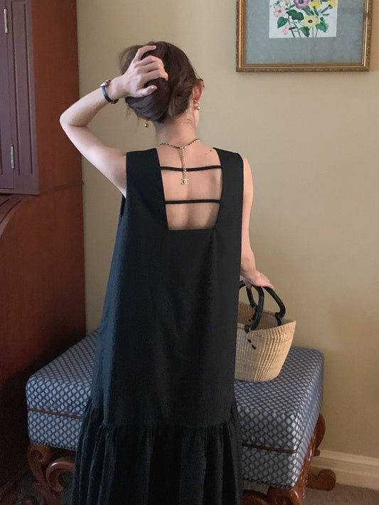 VERILADY |ラウンドネック ノースリーブバックデザイン裾切り替えロングワンピース