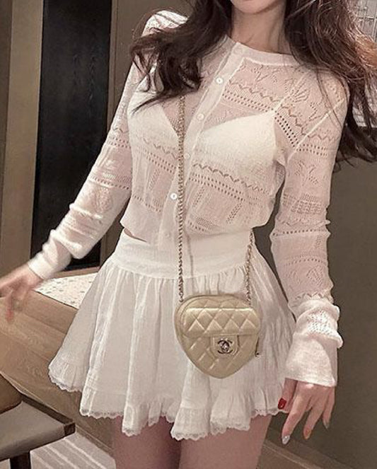 VERILADY |レースカーディガン+フレアフリルスカート 2点セットアップ