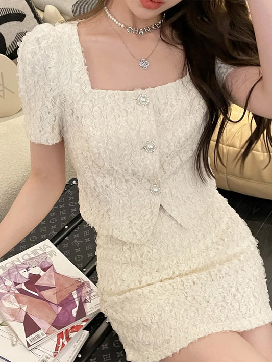 VERILADY | フレンチガーリーツイード半袖トップス&スカート セットアップ