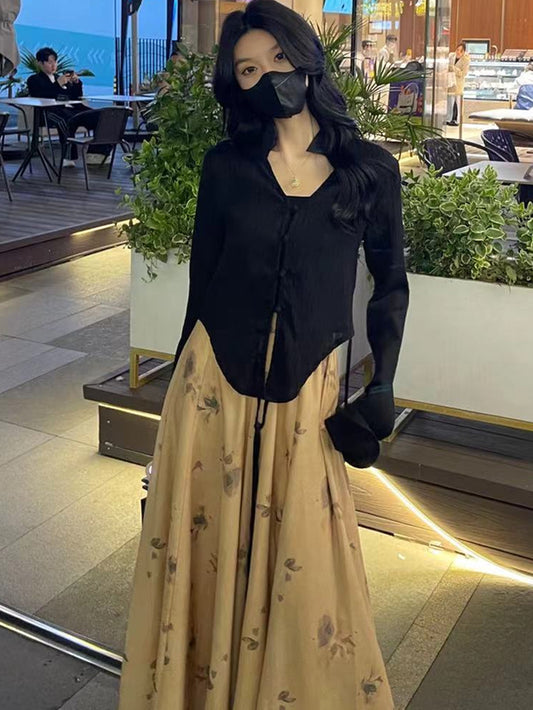 VERILADY |チャイナ風カーディガン×スカートパンツ2点セットアップ