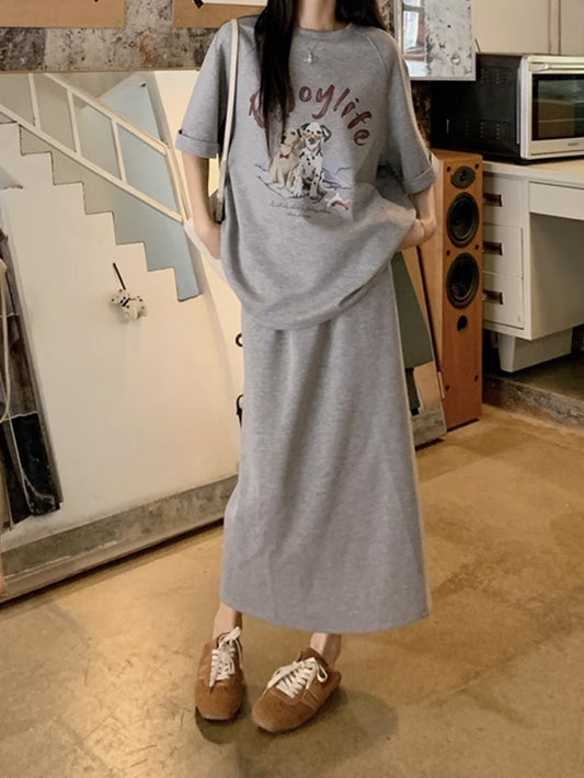 VERILADY |カジュアルプリントTシャツ+ロングスカート 2点セットアップ