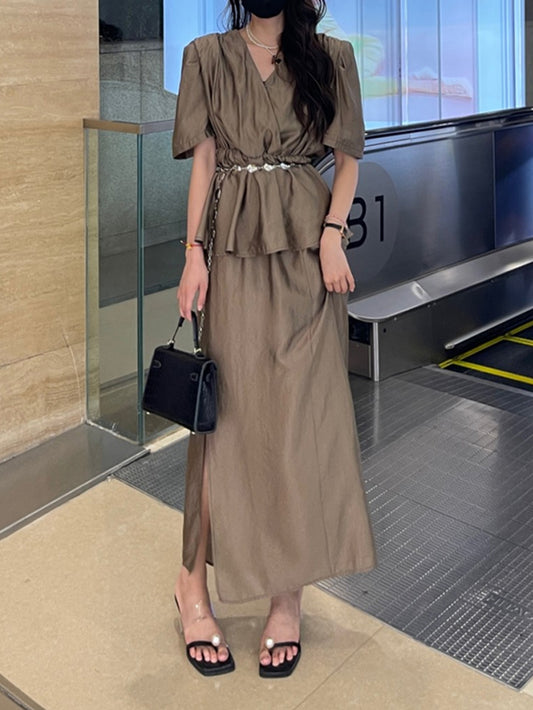 VERILADY |(予約販売)ペプラムブラウス&ロングスカート上下2点セットアップ