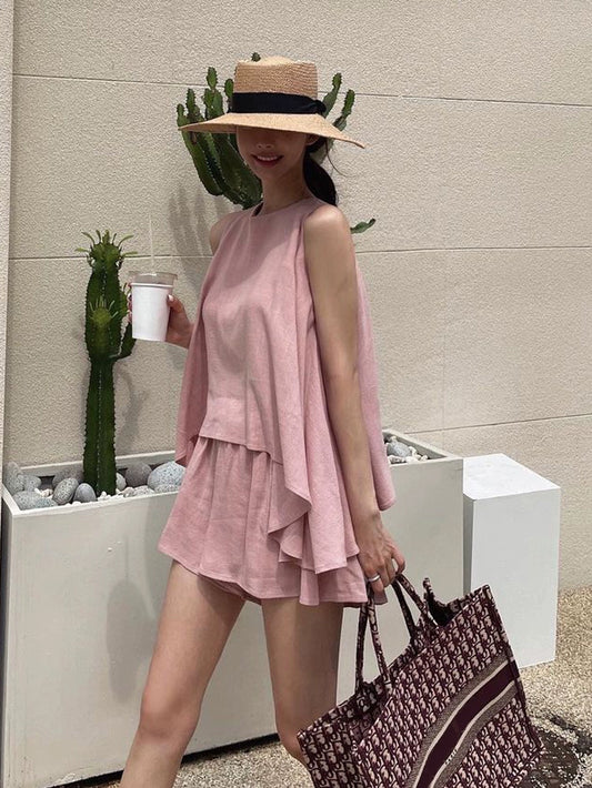 VERILADY |リネン混ノースリーブブラウス&ウエストゴムショートパンツ2点セットアップ