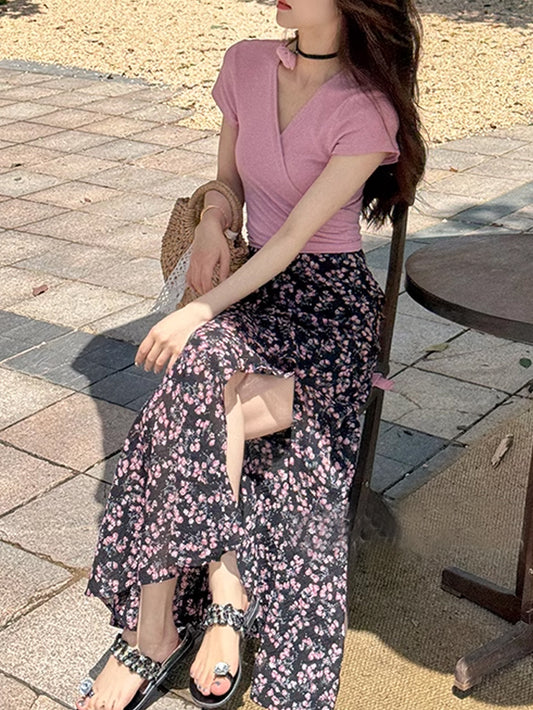 VERILADY |バックリボンVネックニット&スリットフレア裾スカート2点セットアップ