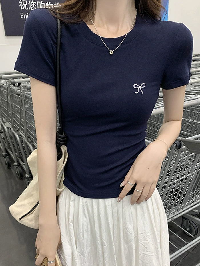 VERILADY |リボン刺繡サマーニット ベーシック半袖Tシャツ