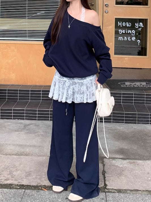 VERILADY |レースキャミ&オフショルダープルオーバー&パンツ3点セットアップ