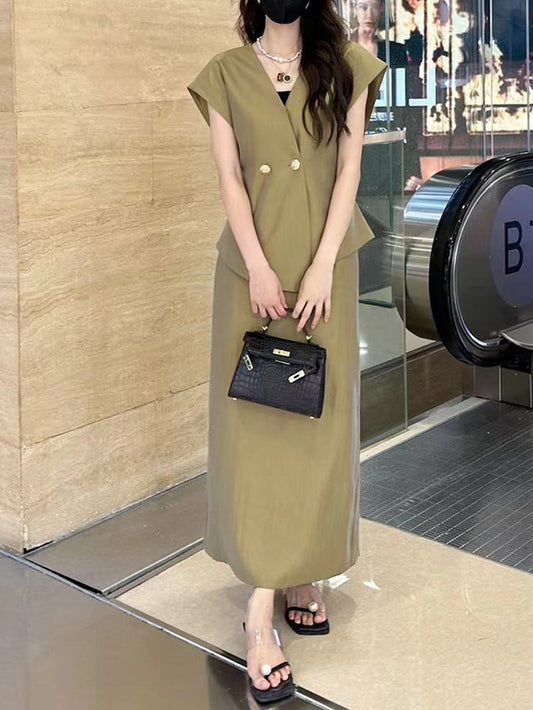 VERILADY |(在庫僅か)ボタンベスト&ロングスカート上下2点セットアップ