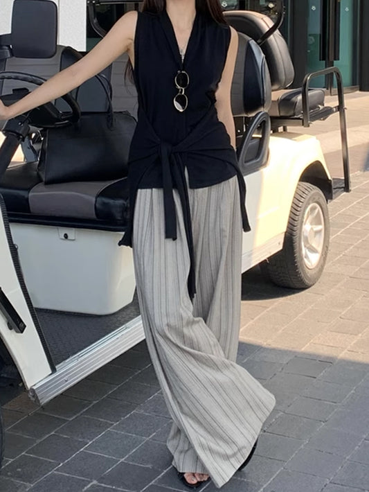 VERILADY |ニット+ストライプ柄ワイドパンツ 2点セットアップ