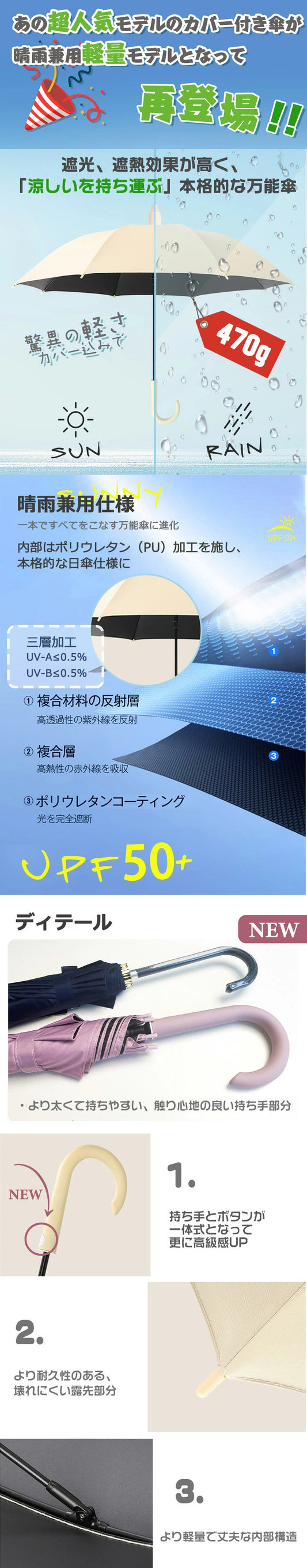 VERILADY | スライドカバー付き傘 濡れない傘 傘ケース 傘カバー カバー付き傘 雨傘 長傘 晴雨兼用