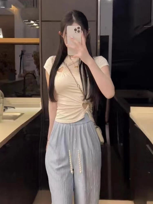 VERILADY | ハートデザインサマーニット半袖トップス ワイドパンツ 単品販売可