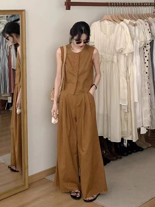 VERILADY |ボタンノースリーブブラウス&ワイドパンツ2点セットアップ