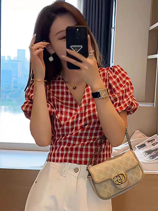 VERILADY |Vネックチェック柄半袖ブラウス