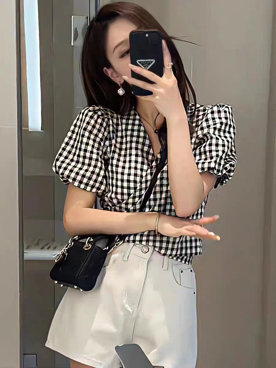 VERILADY |Vネックチェック柄半袖ブラウス