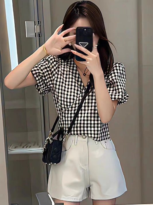 VERILADY |Vネックチェック柄半袖ブラウス