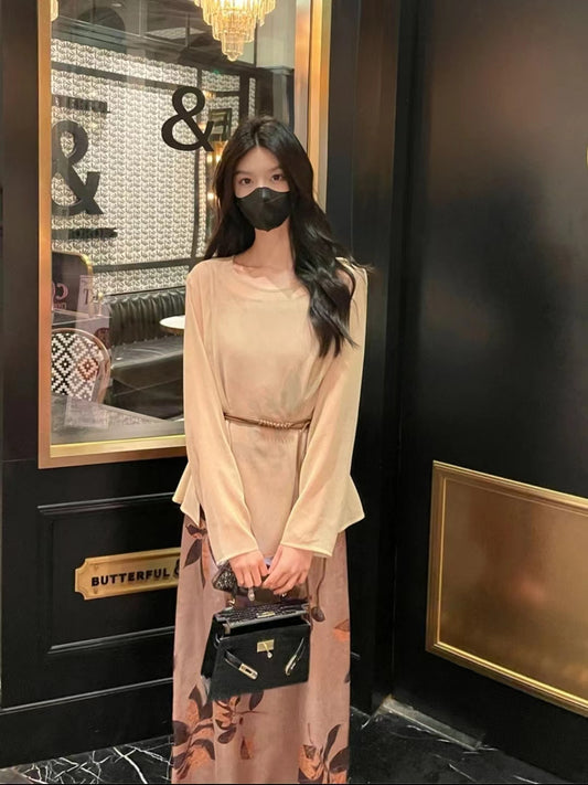 VERILADY |(予約販売)透け感トップス&花プリントキャミワンピ2点セットアップ(期間限定ベルトおまけ付き)