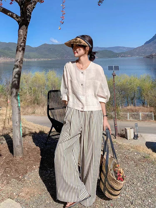 TikTokLIVE |52250 ブラウス+ストライプパンツ2点セットアップ