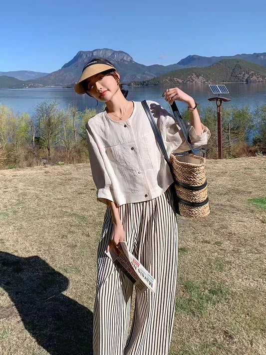 TikTokLIVE |52250 ブラウス+ストライプパンツ2点セットアップ