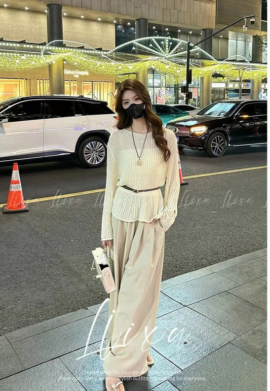 VERILADY |(予約販売)透かし編みトップス+パンツ+キャミ+ベルト4点セットアップ