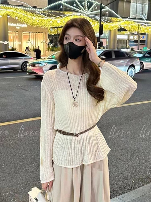 VERILADY |(予約販売)透かし編みトップス+パンツ+キャミ+ベルト4点セットアップ