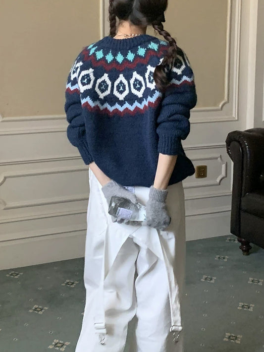 VERILADY |ノルディック柄ランドネックニットトップス セーター