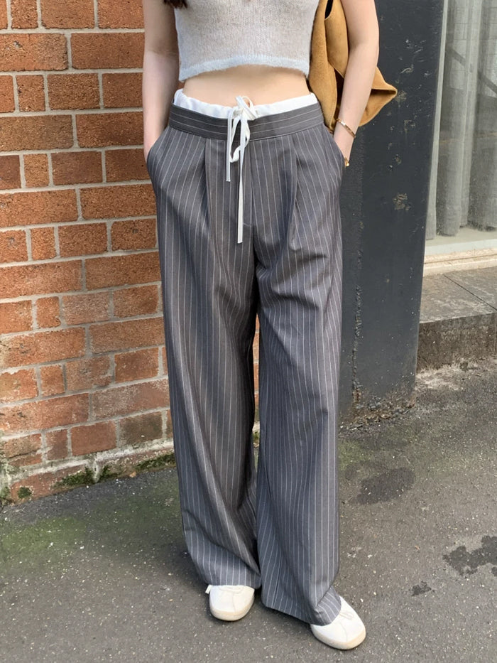 VERILADY |ダブルウエストフェイクツーピースストライプパンツ
