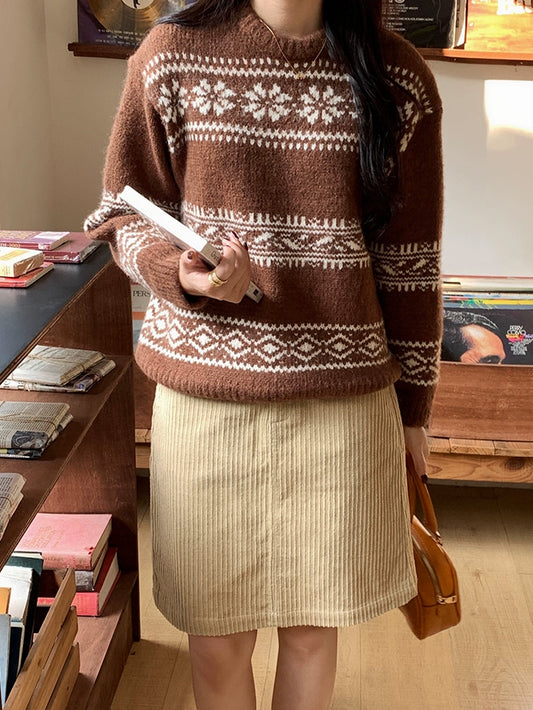 VERILADY |クリスマスラウンドネック雪柄ノルディックケーブルニット