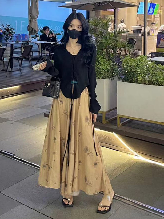 VERILADY |チャイナ風カーディガン×スカートパンツ2点セットアップ