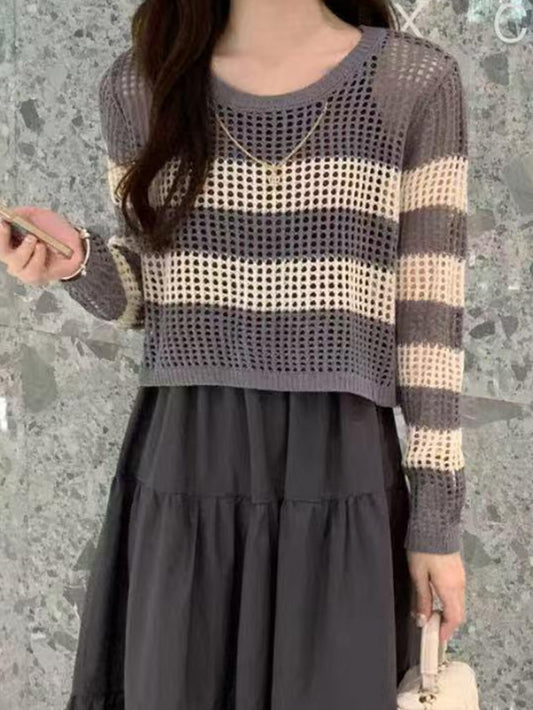 VERILADY |(予約販売)ボーダー柄透け編みトップス&キャミワンピース2点セットアップ