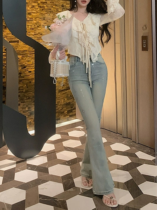 VERILADY | 蝶々バタフライデザイン ハイウエストストレッチ裾フレアデニムパンツ ジーンズ