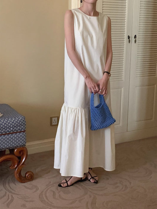 VERILADY |ラウンドネック ノースリーブバックデザイン裾切り替えロングワンピース