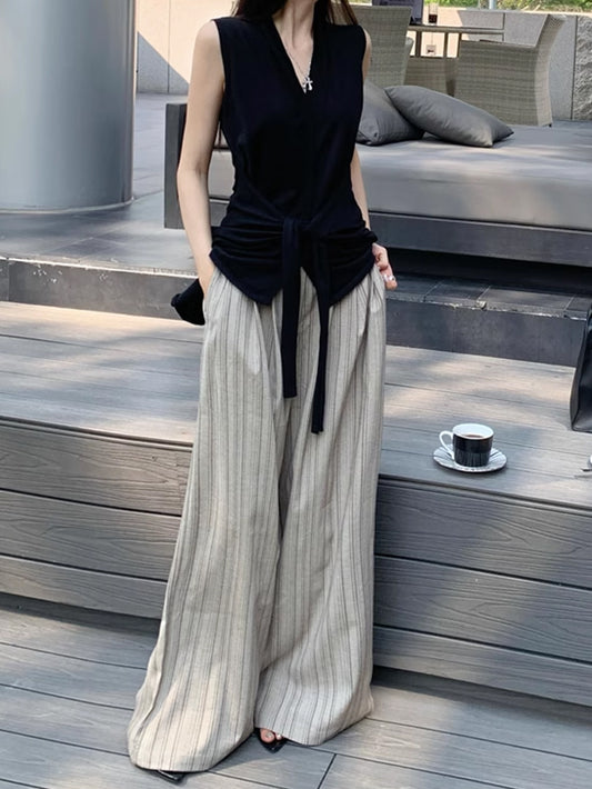 VERILADY |ニット+ストライプ柄ワイドパンツ 2点セットアップ