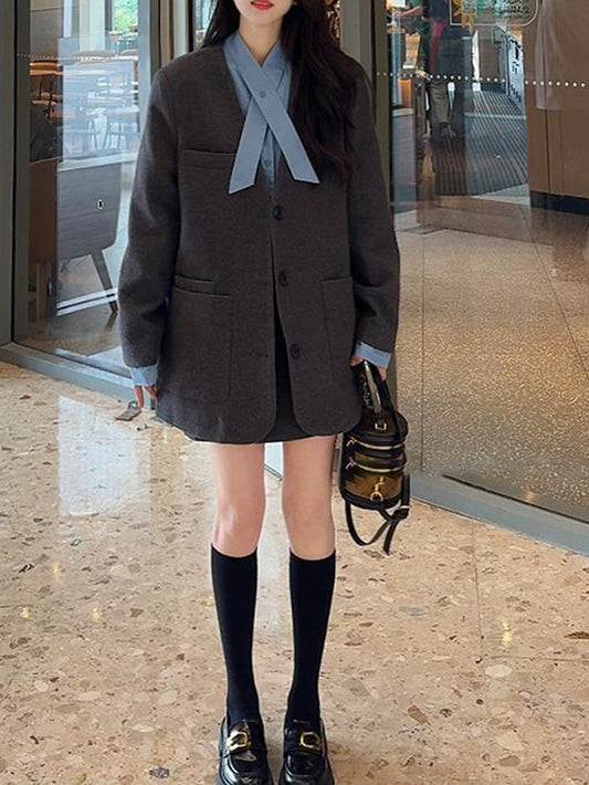 VERILADY |(予約販売)秋冬フェイクツーピースシャツジャケット&スカパン2点セットアップ