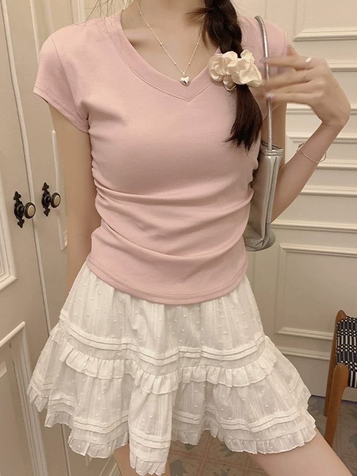VERILADY |サマーニットVネック半袖Tシャツ