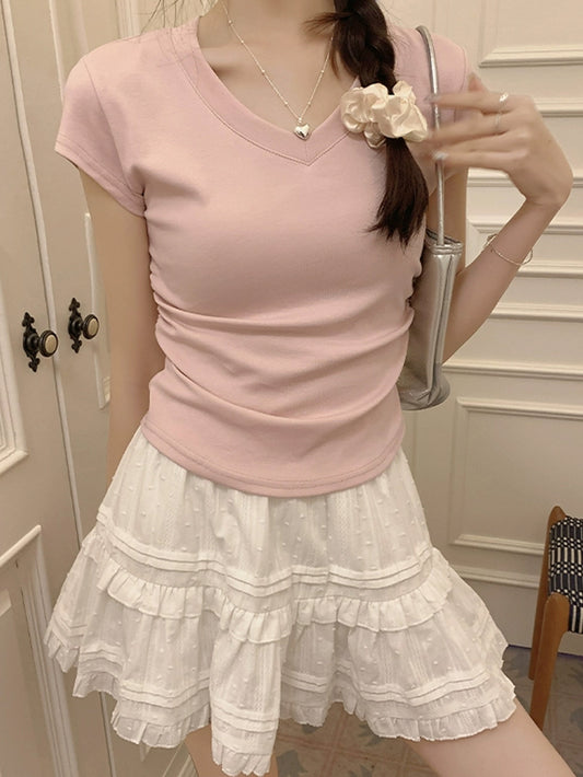 VERILADY |サマーニットVネック半袖Tシャツ