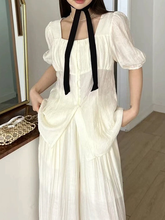 VERILADY |バルーンスリーブブラウス&シアーワイドパンツ2点セットアップ