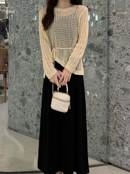 VERILADY |(予約販売)透け編みトップス&キャミワンピース2点セットアップ