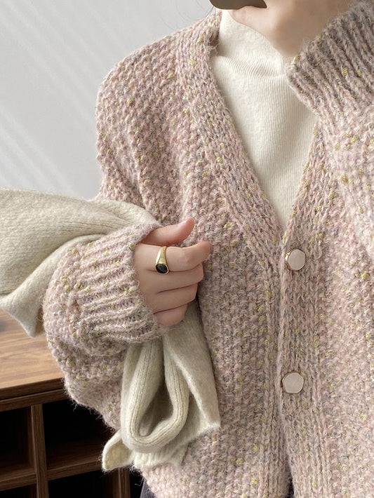 VERILADY |おしゃれボタンVネックレトロミックスニットカーディガン 秋セーター