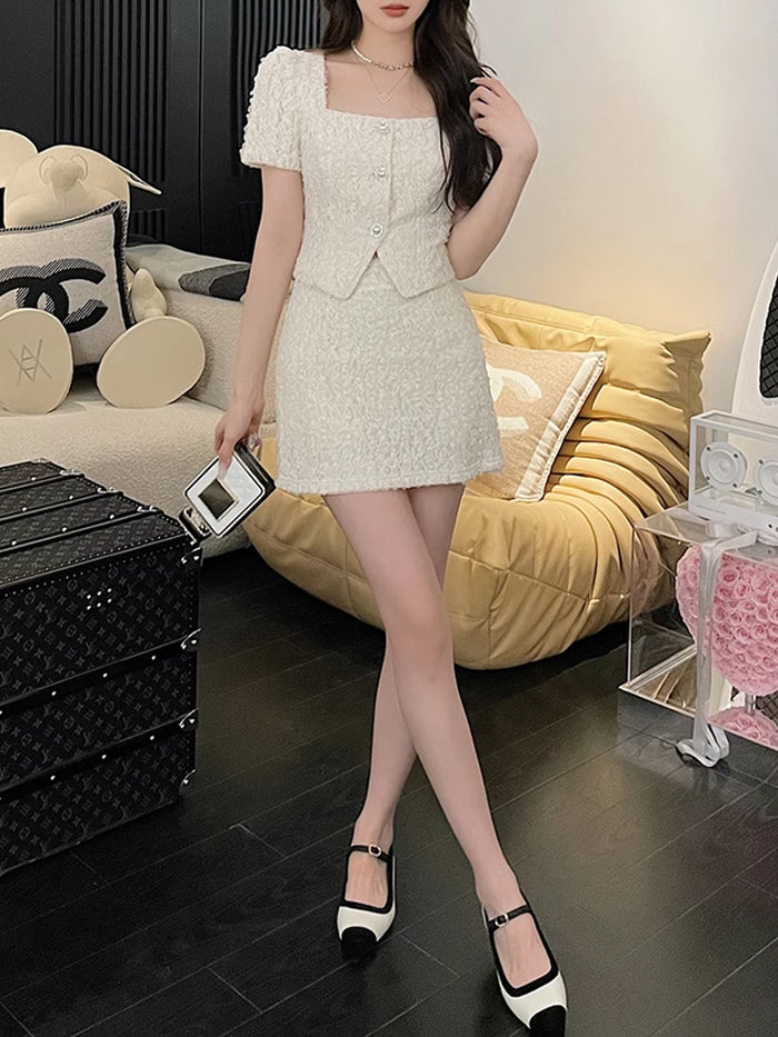 VERILADY | フレンチガーリーツイード半袖トップス&スカート セットアップ