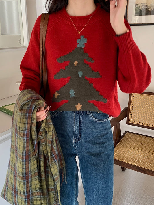 VERILADY |クリスマスラウンドネッククリスマスツリー柄ニットセーター