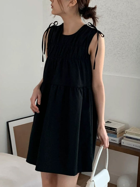 VERILADY |ショルダーリボンノースリーブミニギャザーワンピース