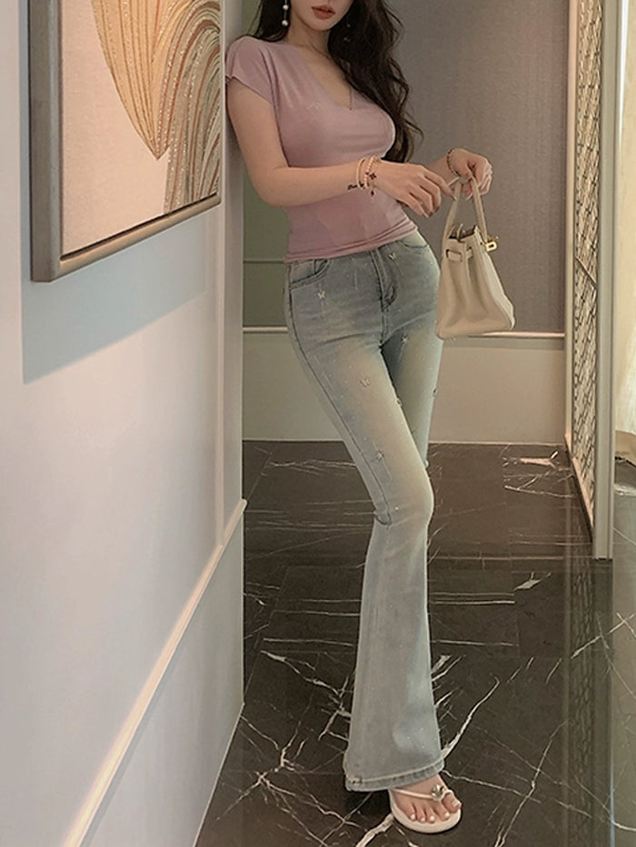 VERILADY | 蝶々バタフライデザイン ハイウエストストレッチ裾フレアデニムパンツ ジーンズ