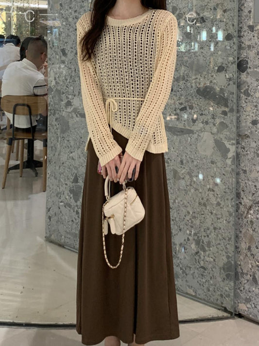 VERILADY |(予約販売)透け編みトップス&キャミワンピース2点セットアップ