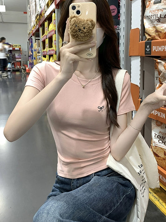 VERILADY |リボン刺繡サマーニット ベーシック半袖Tシャツ