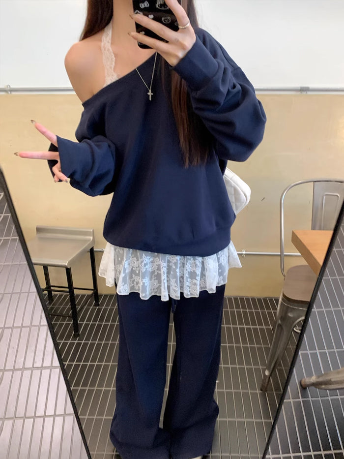 VERILADY |レースキャミ&オフショルダープルオーバー&パンツ3点セットアップ