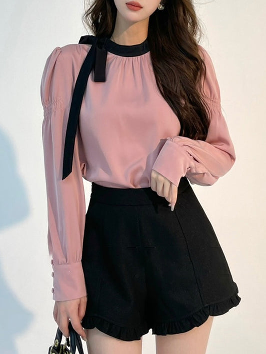 VERILADY |サイドリボンタイ ピンクブラウス シャツ
