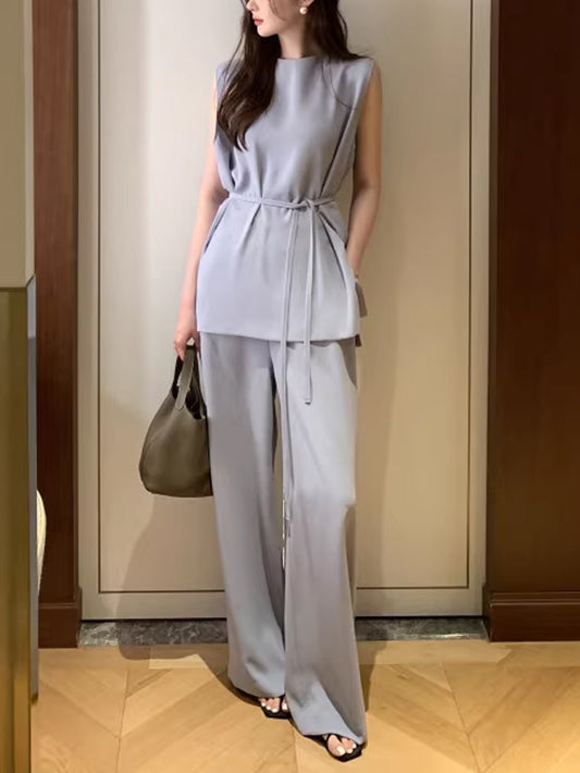 VERILADY |ランドネックノースリーブブラウス&ロングパンツトレンド感上下2点セットアップ