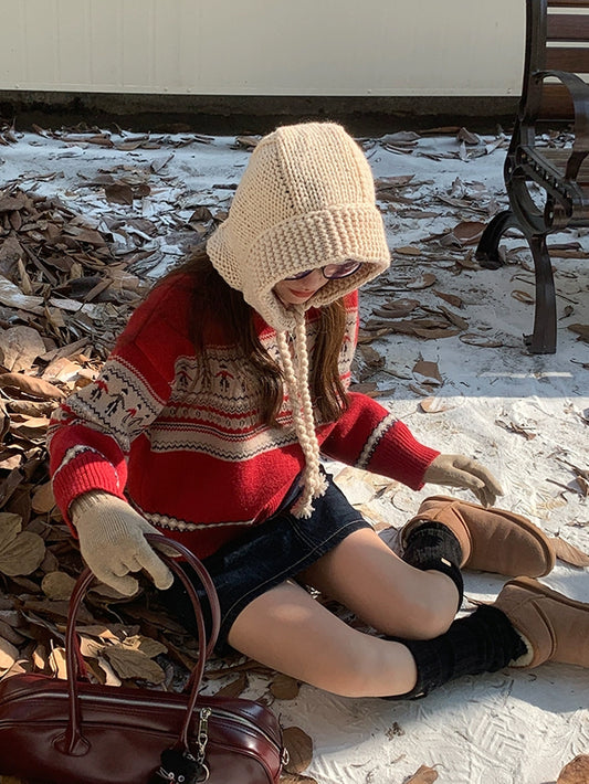 VERILADY |クリスマス風ハーフジップノルディック柄ニットトップスカーディガンセーター