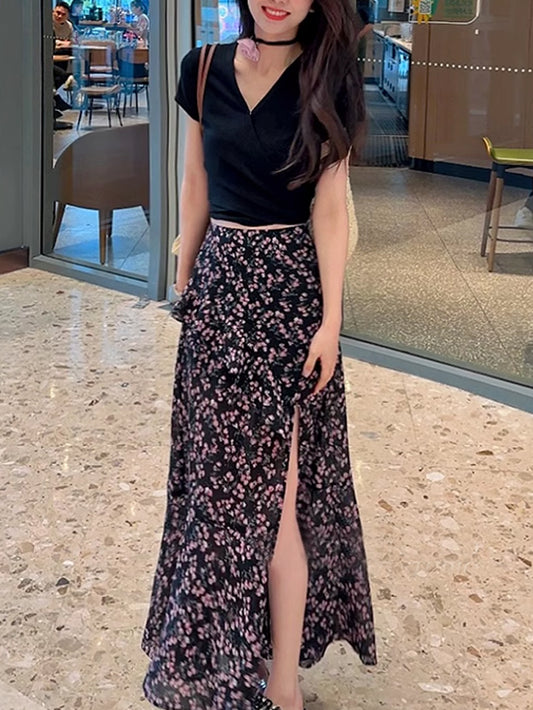 VERILADY |バックリボンVネックニット&スリットフレア裾スカート2点セットアップ