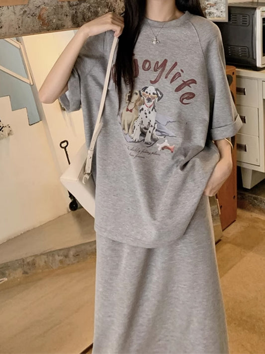 VERILADY |カジュアルプリントTシャツ+ロングスカート 2点セットアップ